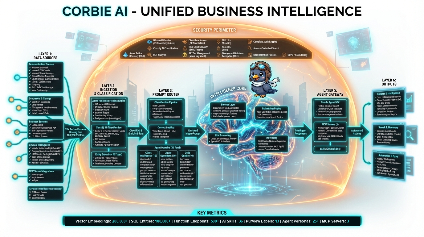 Corbie AI - Unified Business Intelligence - Five layers: Data Sources, Ingestion & Classification, Intelligence Core, Automation & Orchestration, Outputs